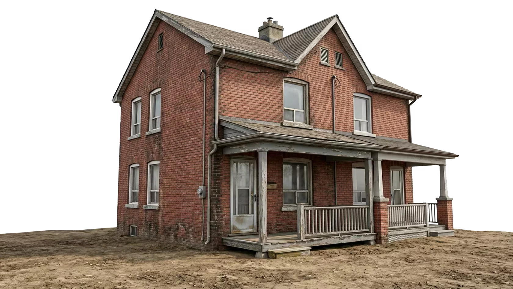 A tired brick house before renovation.
