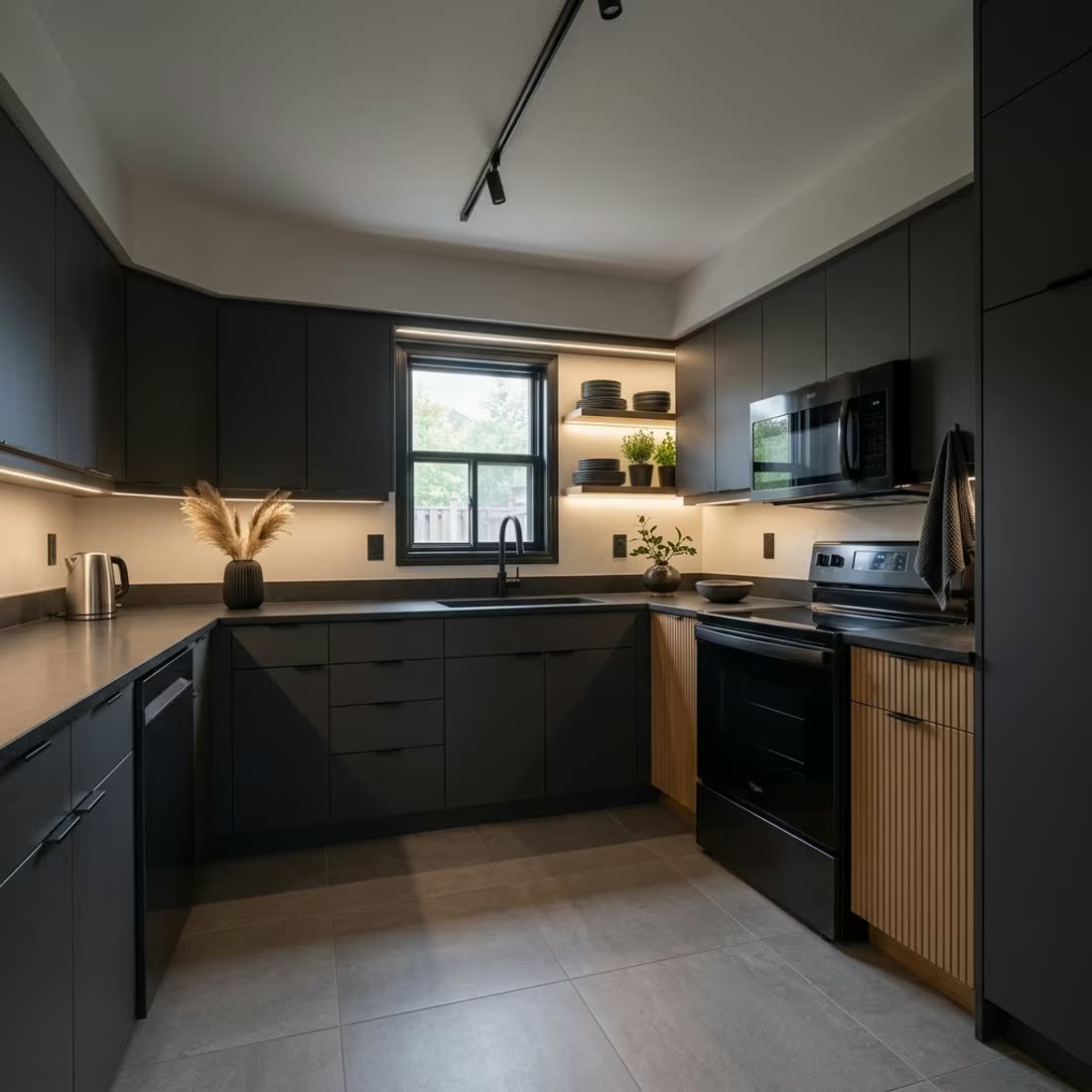 Completed kitchen with pale oak cabinetry and a stone island.